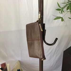 Faux leather, chocolate brown wristlet purse.